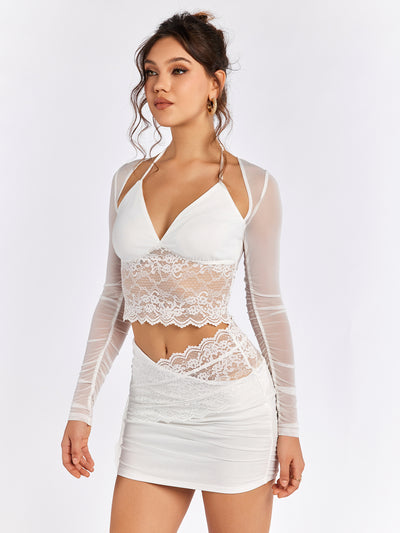 halter lace patchwork mesh top&embellished lace bodycon skirt#color_white