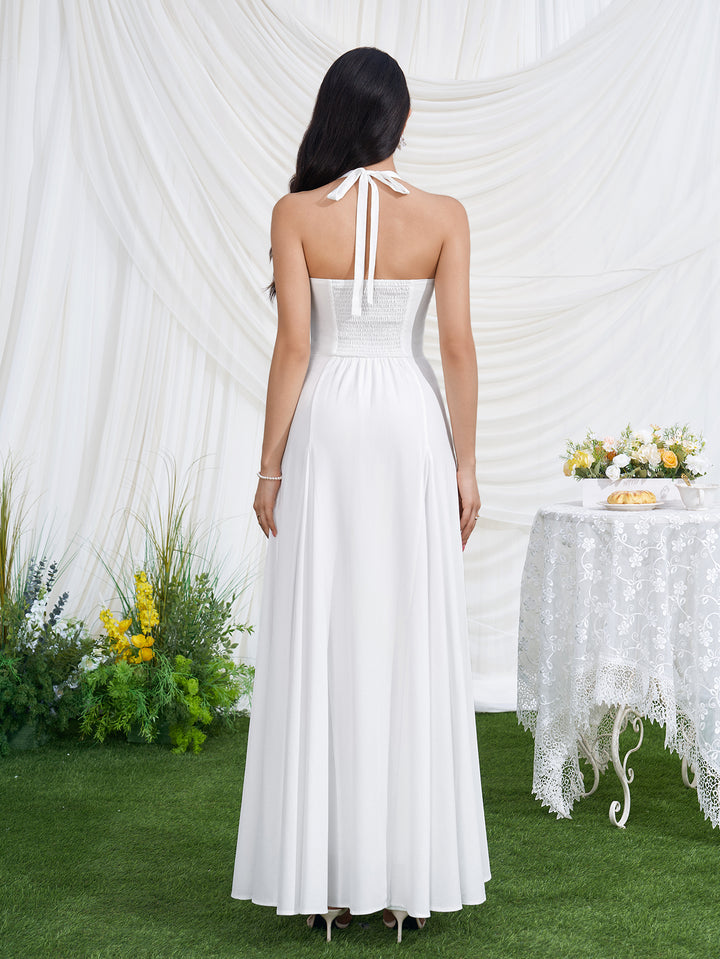 Halter Backless Neck Ruched Solid Maxi Dress