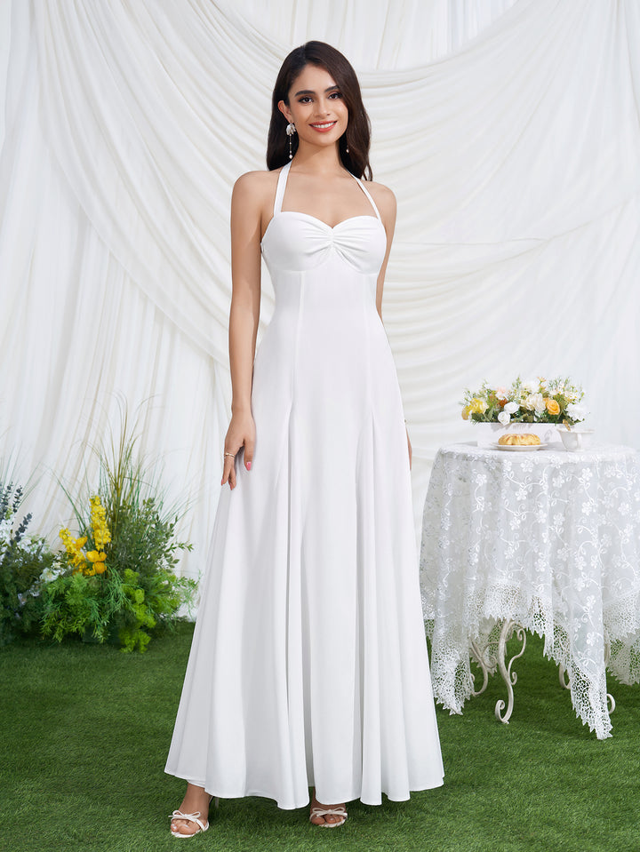 Backless Neck Halter Ruched Solid Maxi Dress