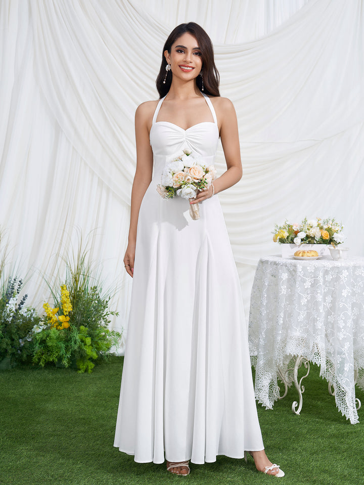 Backless Halter Neck Ruched Solid Maxi Dress