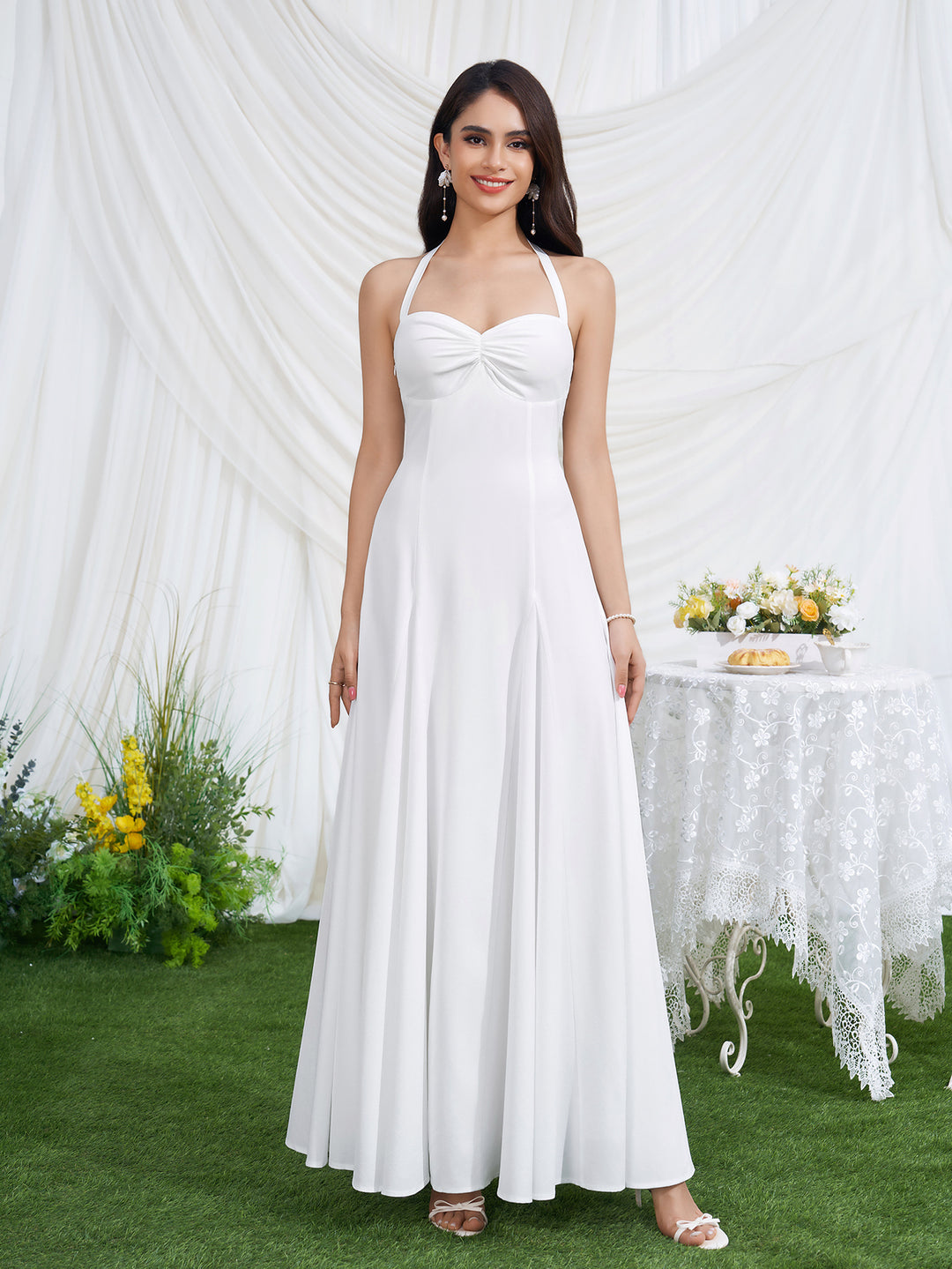 Halter Neck Backless Ruched Solid Maxi Dress#color_white