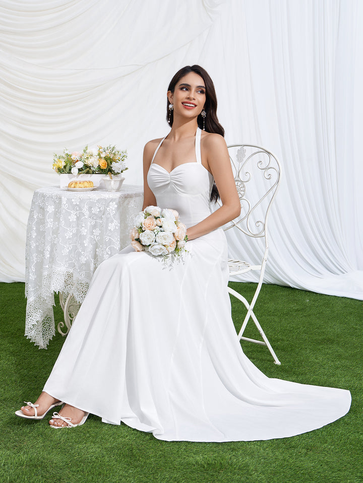 Neck Backless Halter Ruched Solid Maxi Dress