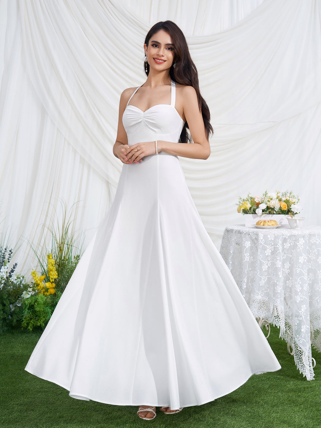 Neck Halter Backless Ruched Solid Maxi Dress