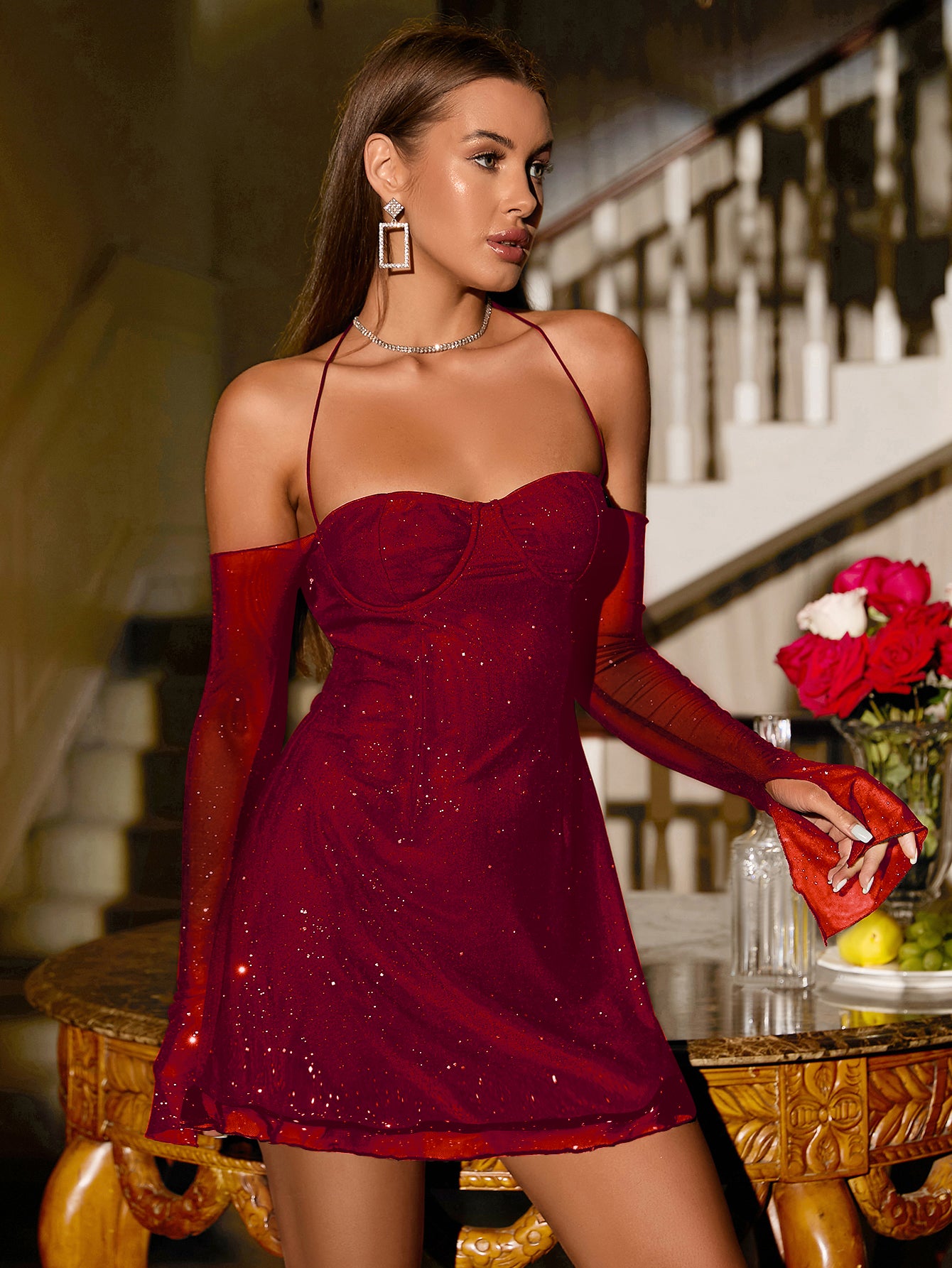flounce long sleeve sparkly halter neck mesh dress#color_wine