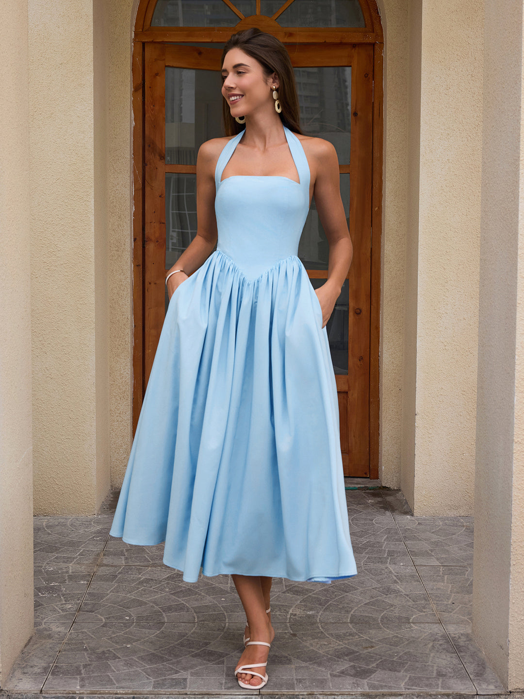 Halter Ruched Backless Flared Pocket Long Dress, Blue / XS Halter Ruched Backless Flared Pocket Long Dress, Blue / XS