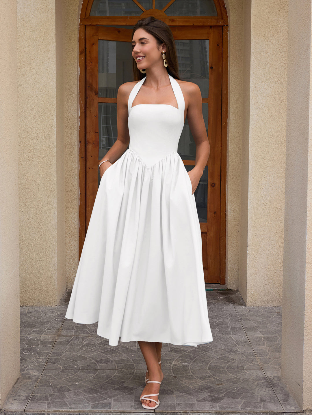 ruched backless dress Halter Ruched Backless Flared Pocket Long Dress, Blue / XS