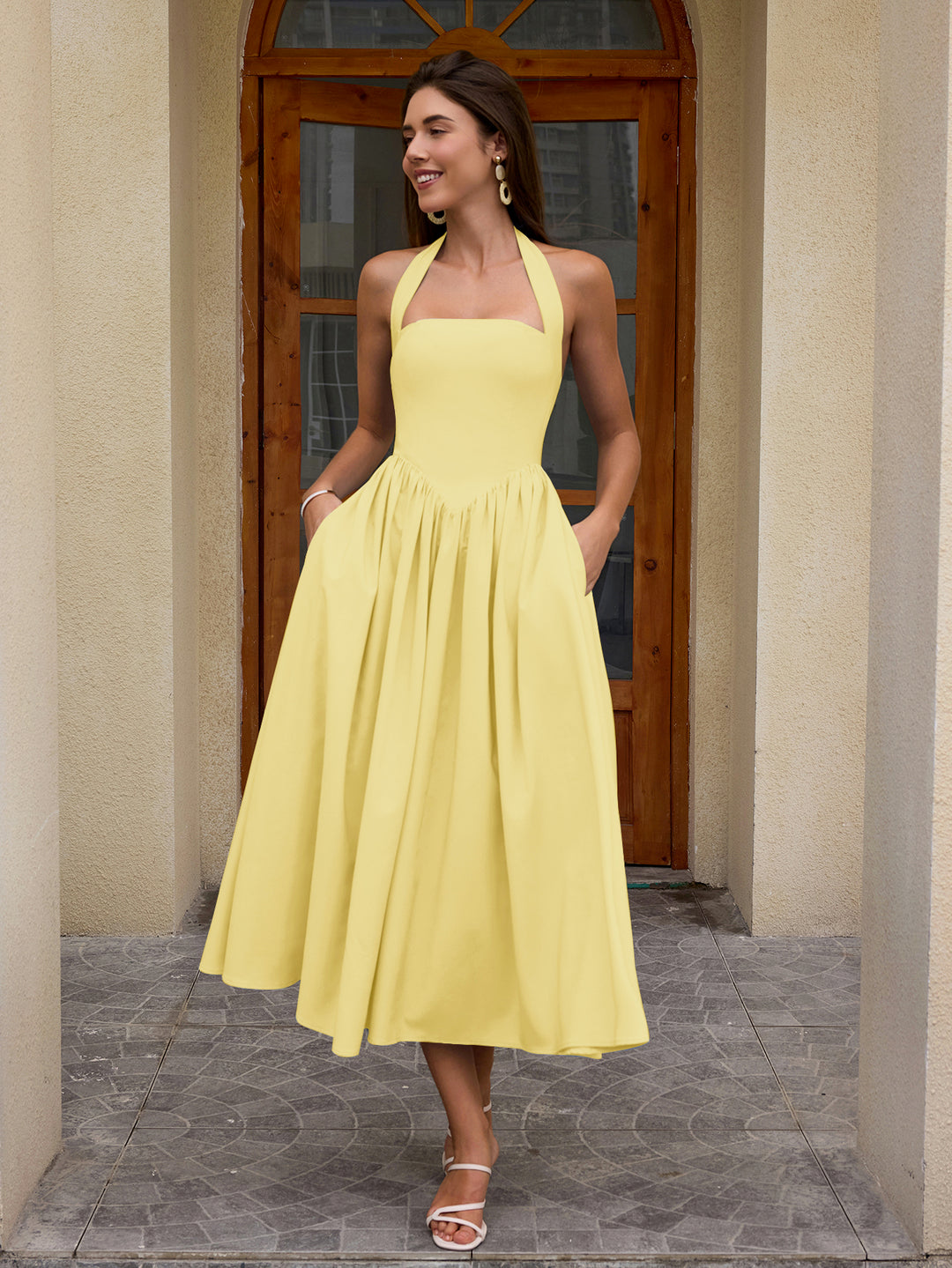 long halter ruched dress Halter Ruched Backless Flared Pocket Long Dress, Blue / XS
