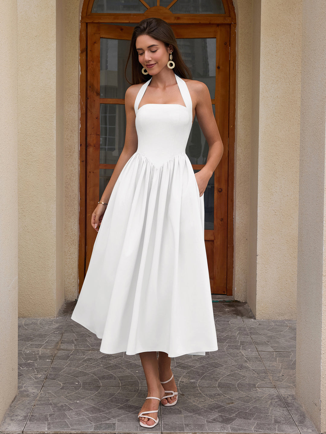 backless flared dress Halter Ruched Backless Flared Pocket Long Dress, Blue / XS