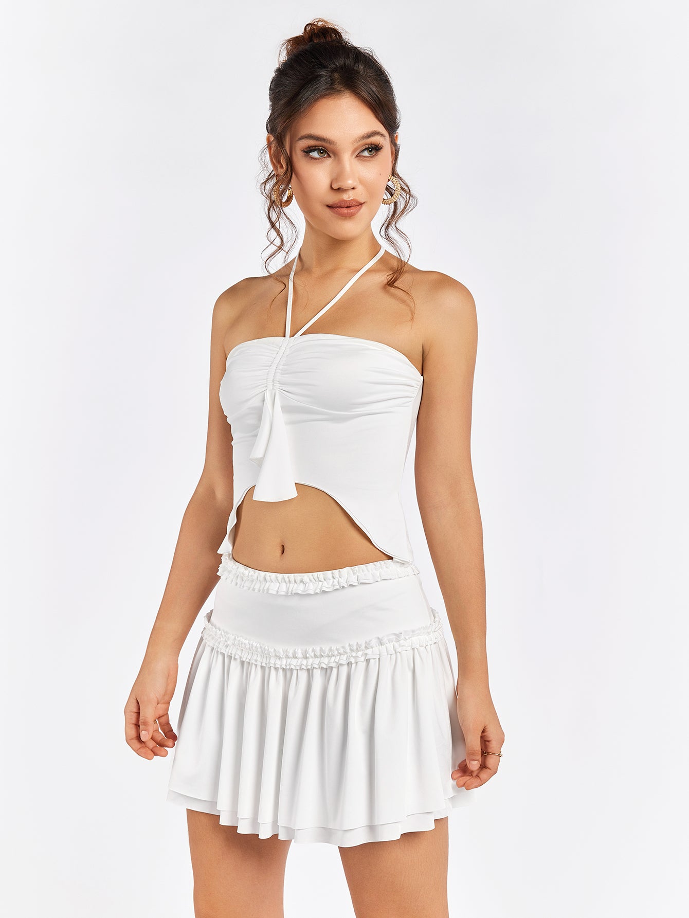 halter asymmetrical hem ruched bust top&embellished trim tiered skirt#color_white