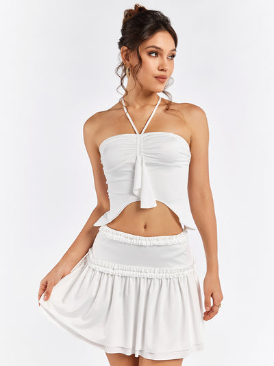 asymmetrical hem halter ruched bust top&embellished trim tiered skirt#color_white