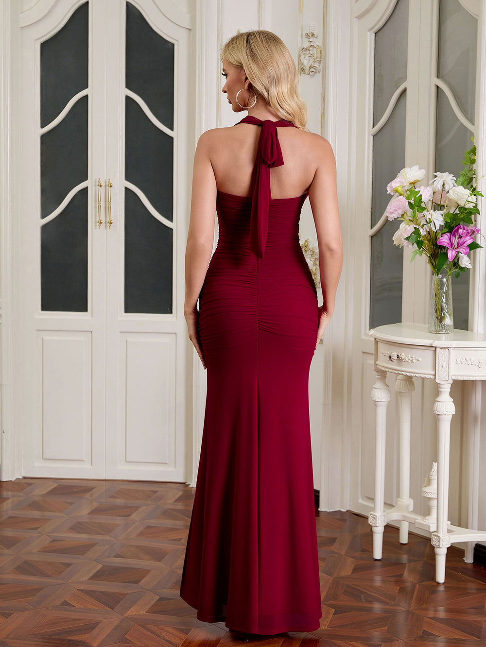 Halter Split Thigh Ruched Mesh Maxi Dress#color_wine