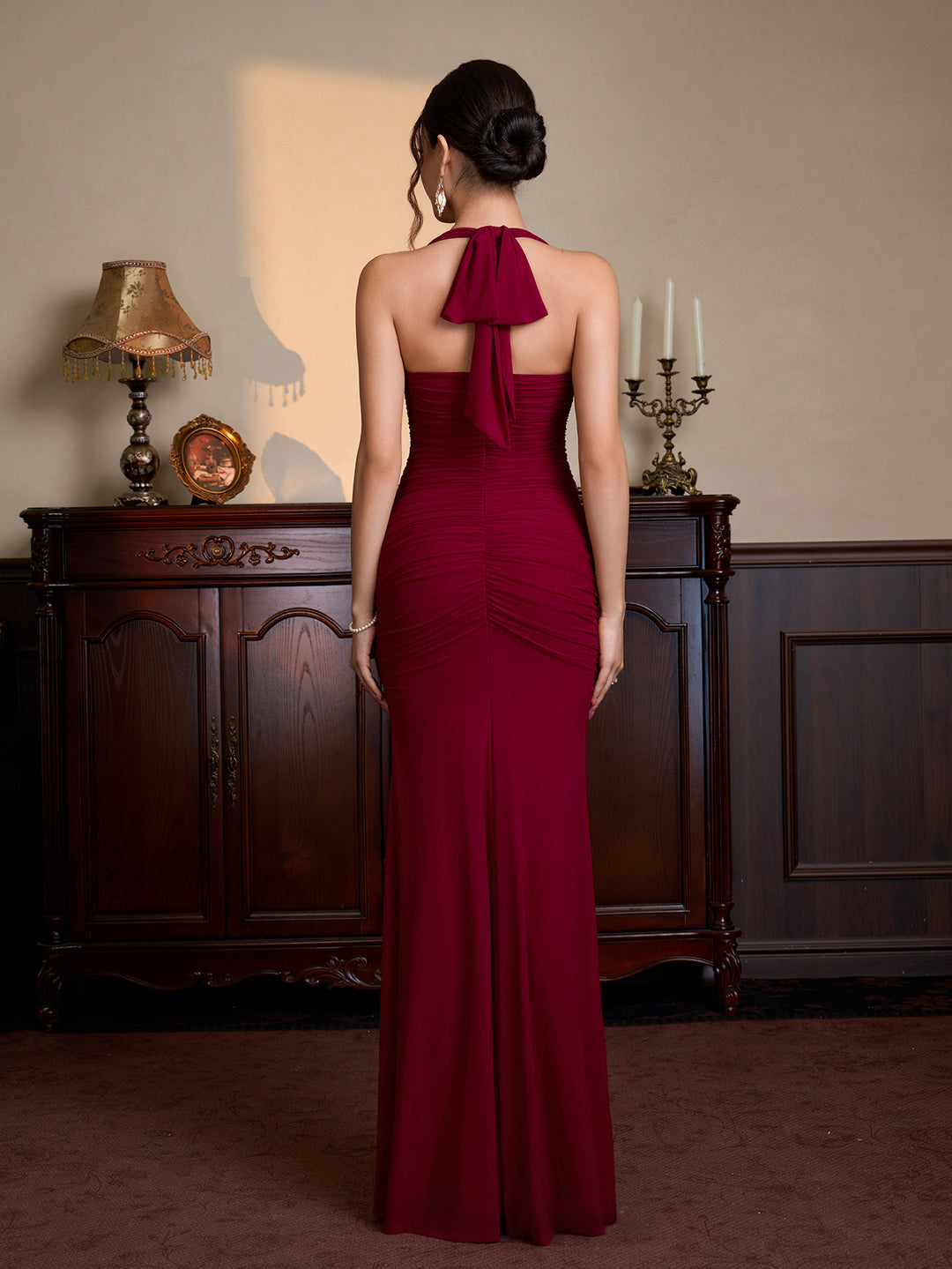 Halter Split Thigh Ruched Mesh Maxi Dress