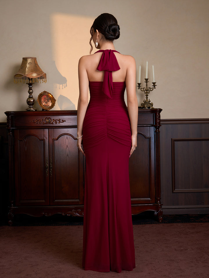Halter Split Thigh Ruched Mesh Maxi Dress