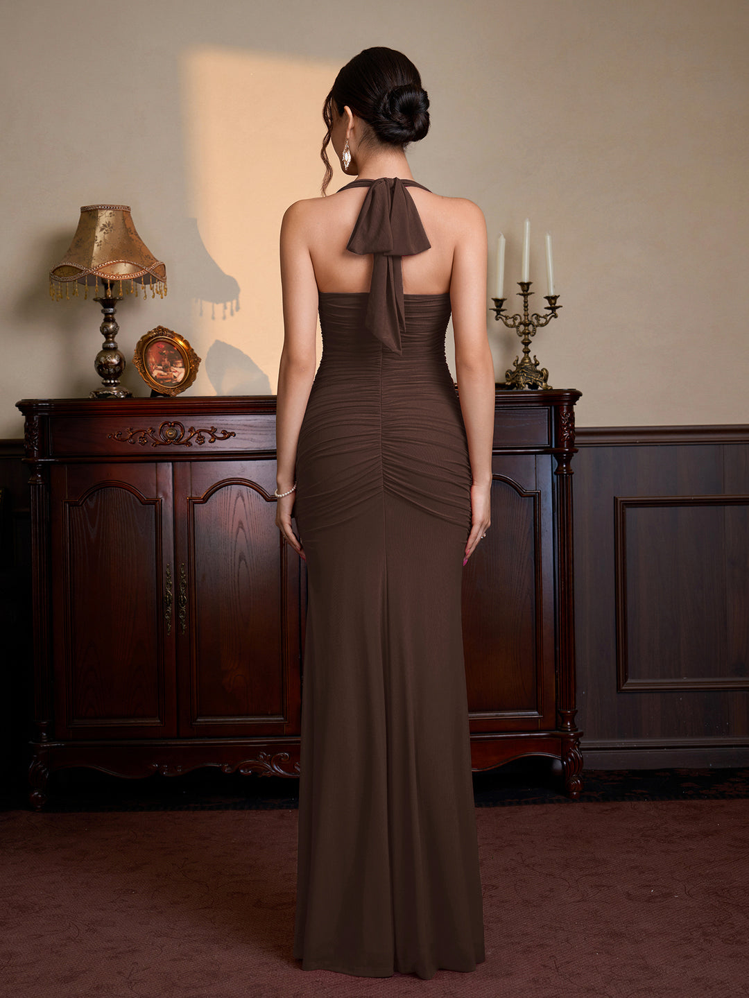 Halter Split Thigh Ruched Mesh Maxi Dress