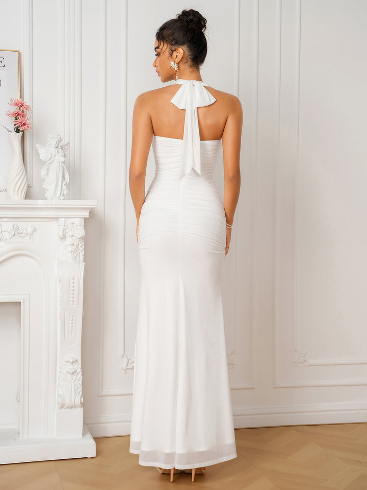 Halter Split Thigh Ruched Mesh Maxi Dress