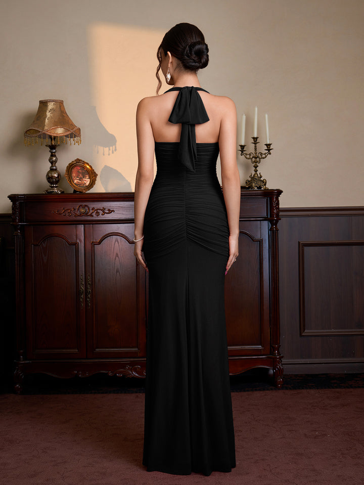 Halter Split Thigh Ruched Mesh Maxi Dress