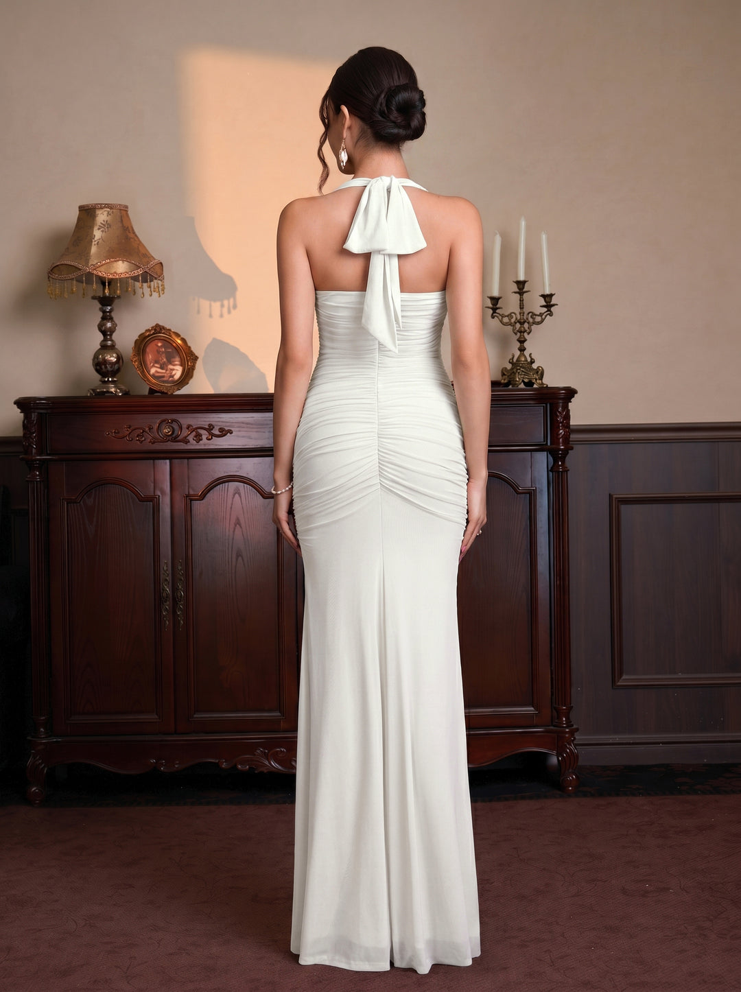 Halter Split Thigh Ruched Mesh Maxi Dress