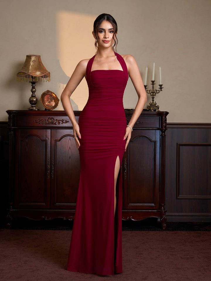 Halter Ruched Split Thigh Mesh Maxi Dress