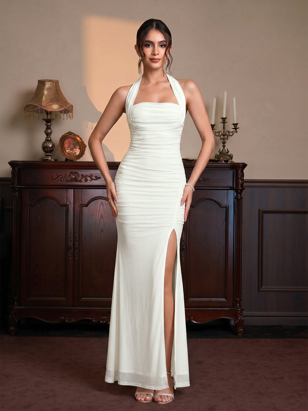 Halter Ruched Split Thigh Mesh Maxi Dress