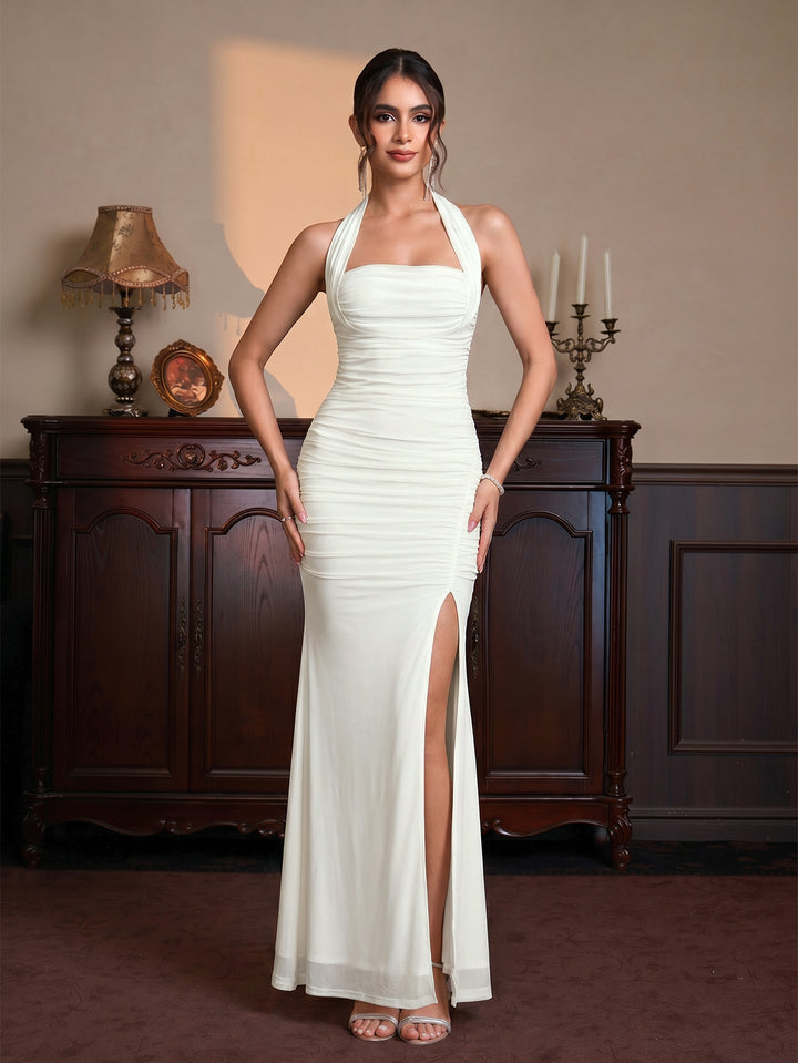 Halter Ruched Split Thigh Mesh Maxi Dress