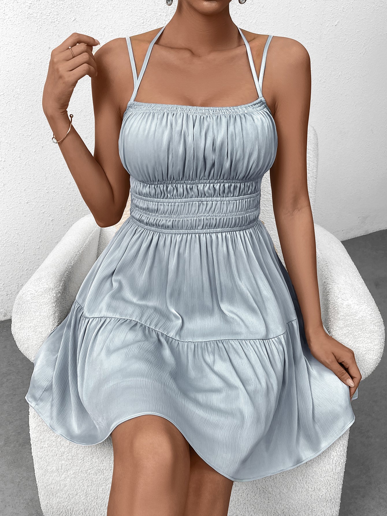 Women's Ruched Halter Top - Sleeveless Metal Strap Tie Back Cami | Waffle Knit Going Out Top - View #2