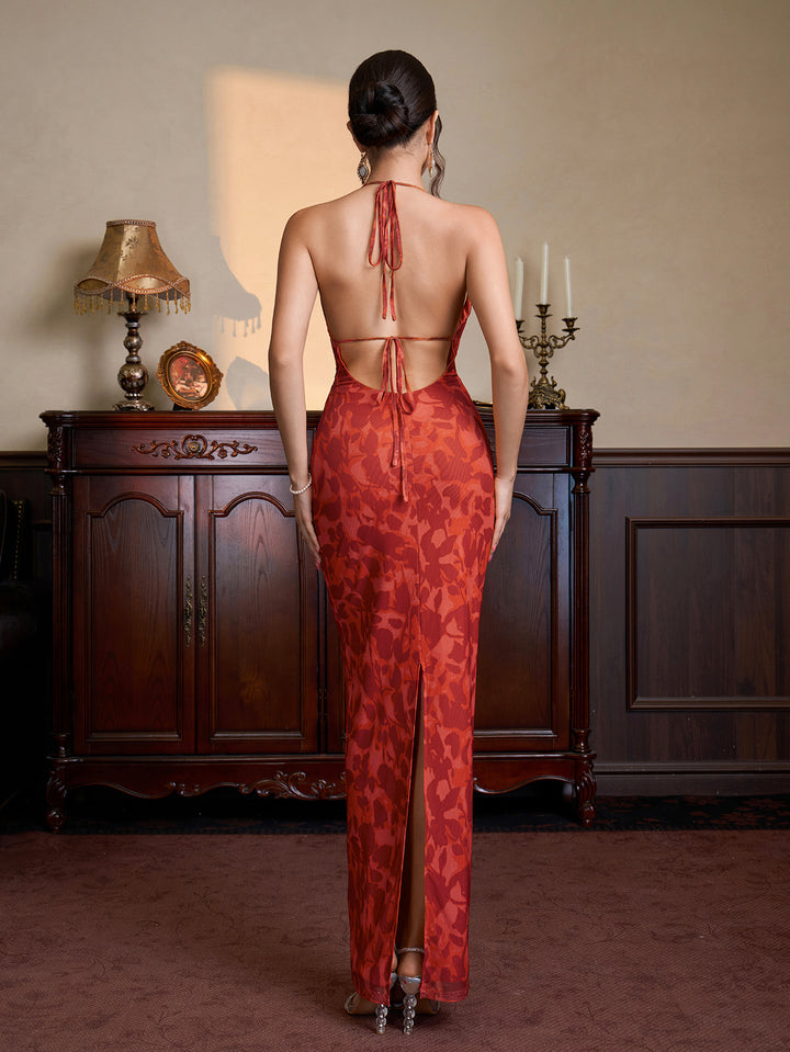 Halter Split Tie Back Floral Print Bodycon Dress