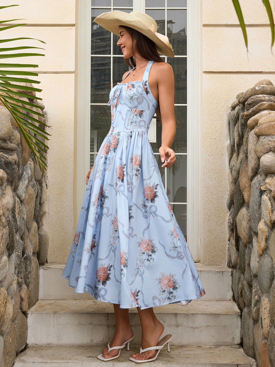 Halter Tie Smocking Floral Print Bodycon Dress, BlueFloral / XS Halter Tie Smocking Floral Print Bodycon Dress, BlueFloral / XS