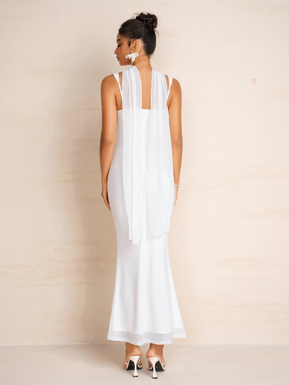 Hanging Neck Ribbon Backless Mesh Ruched Cami Dress#color_white