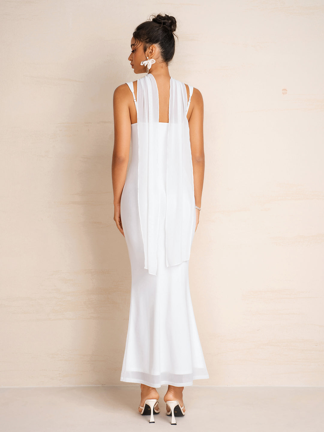 Hanging Neck Ribbon Backless Mesh Ruched Cami Dress