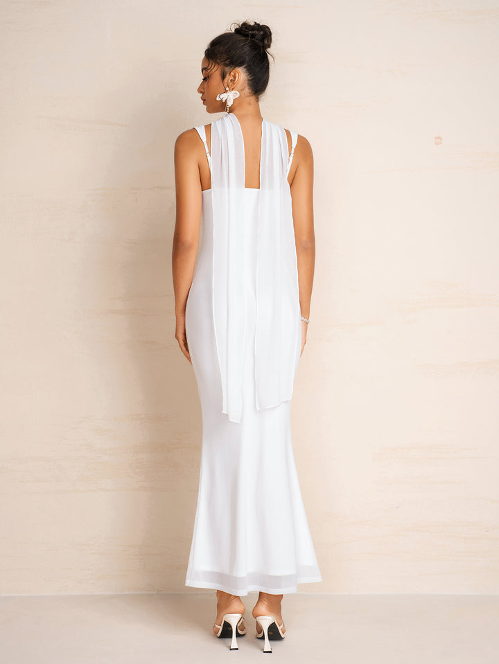 Hanging Neck Ribbon Backless Mesh Ruched Cami Dress