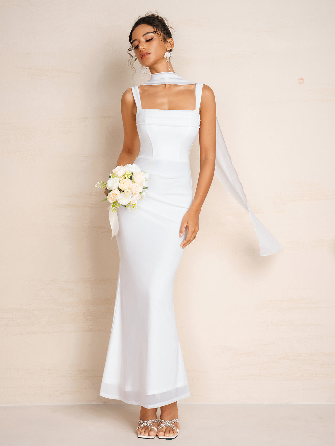 Hanging Neck Ribbon Mesh Backless Ruched Cami Dress
