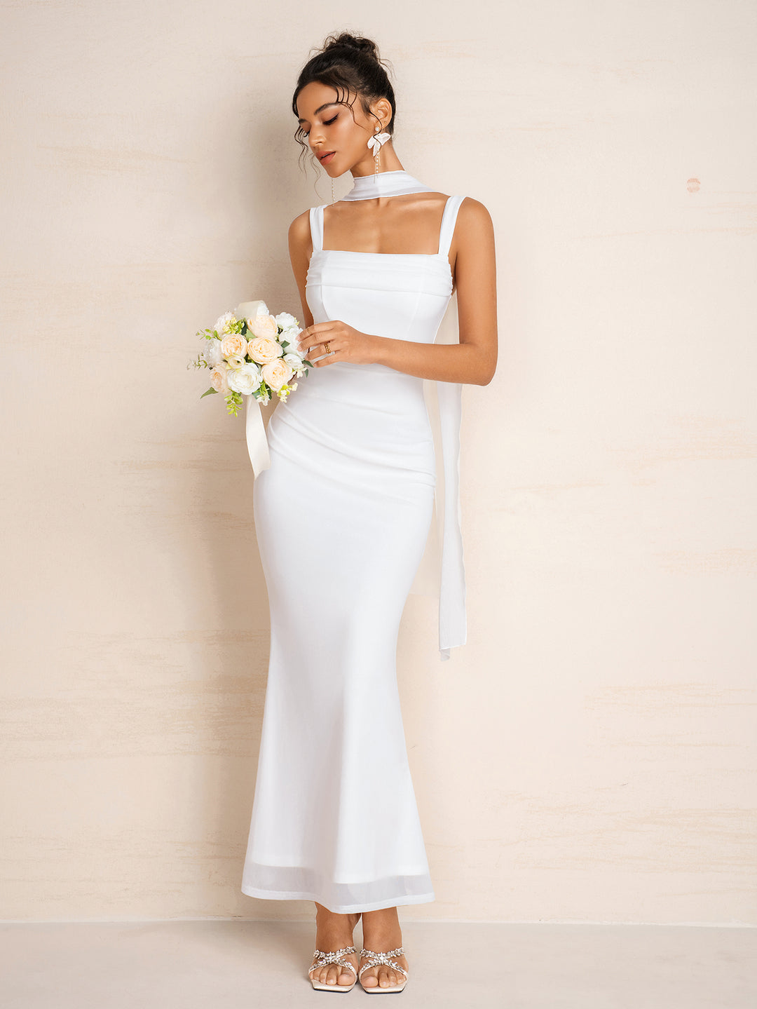 Hanging Neck Ribbon Ruched Backless Mesh Cami Dress