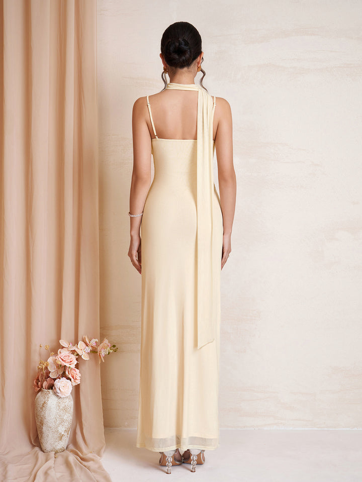 Hanging Ribbon Neck Backless Ruched Mesh Dress