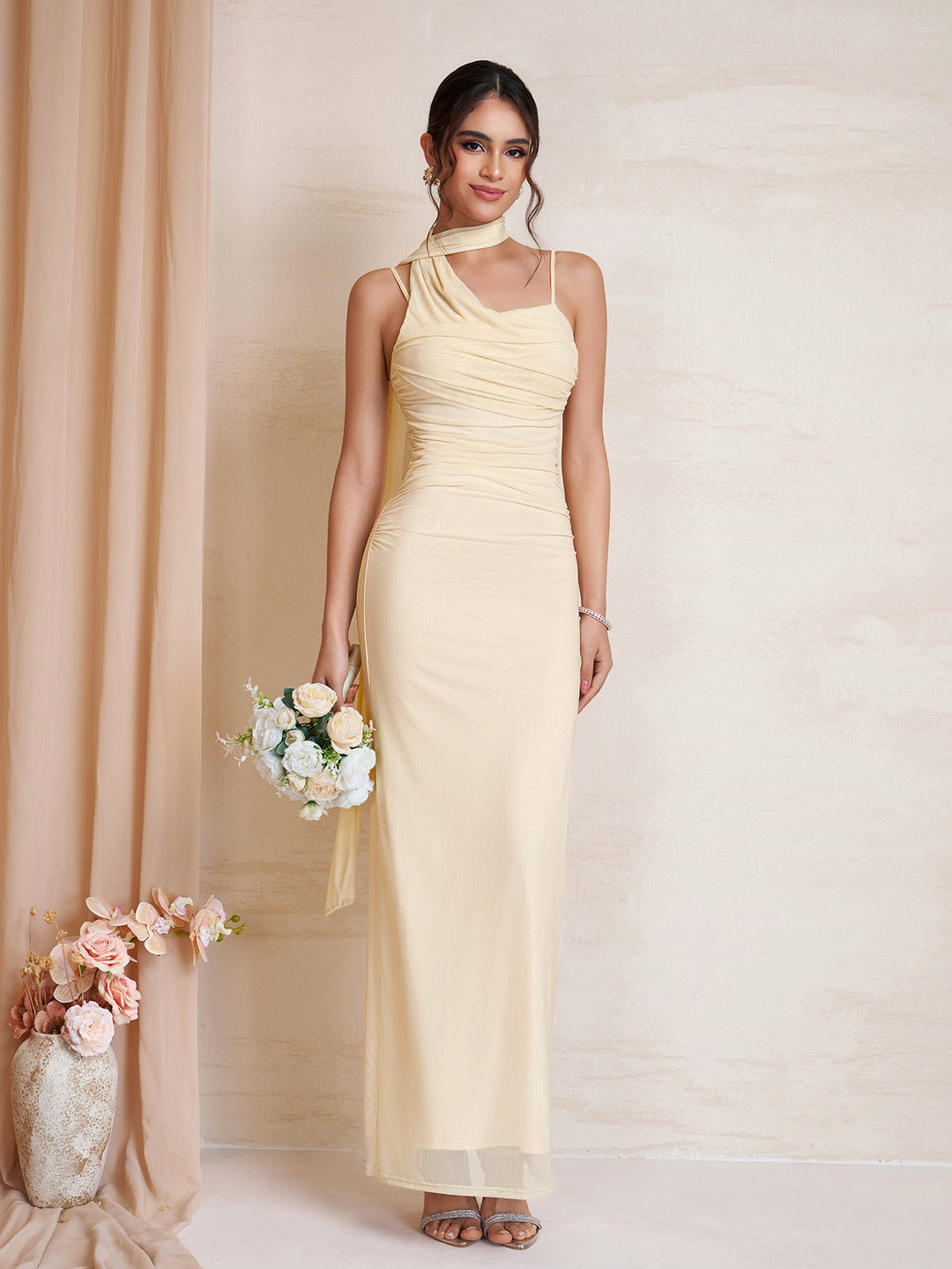 Ribbon Neck Hanging Backless Ruched Mesh Dress