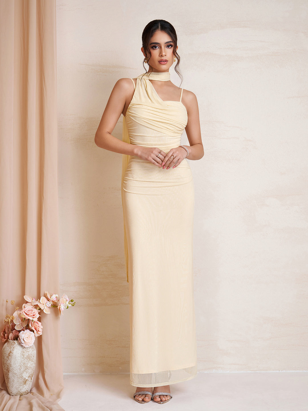 Ribbon Hanging Neck Backless Ruched Mesh Dress