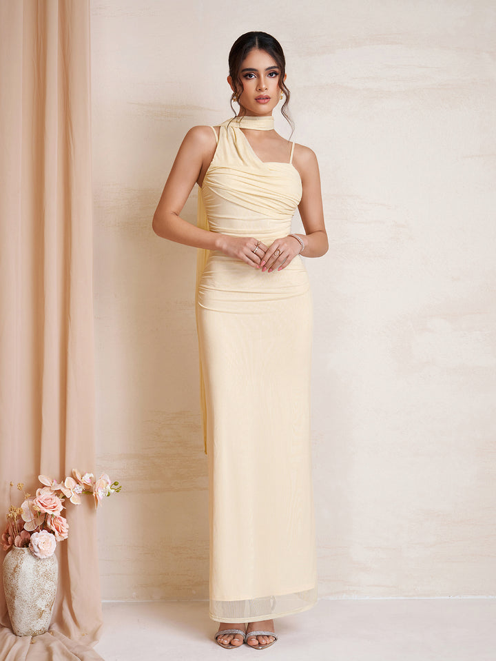 Ribbon Hanging Neck Backless Ruched Mesh Dress