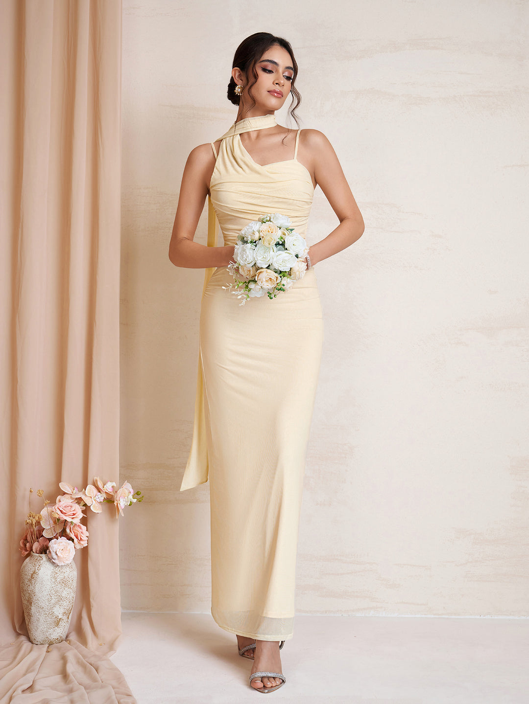 Neck Ribbon Hanging Backless Ruched Mesh Dress