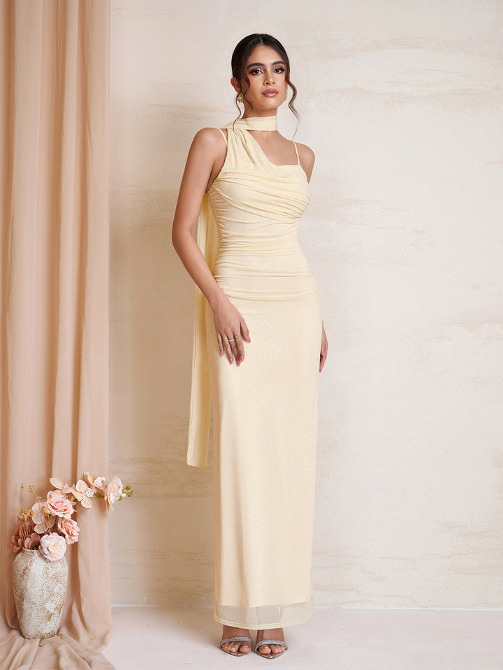 Neck Hanging Ribbon Backless Ruched Mesh Dress