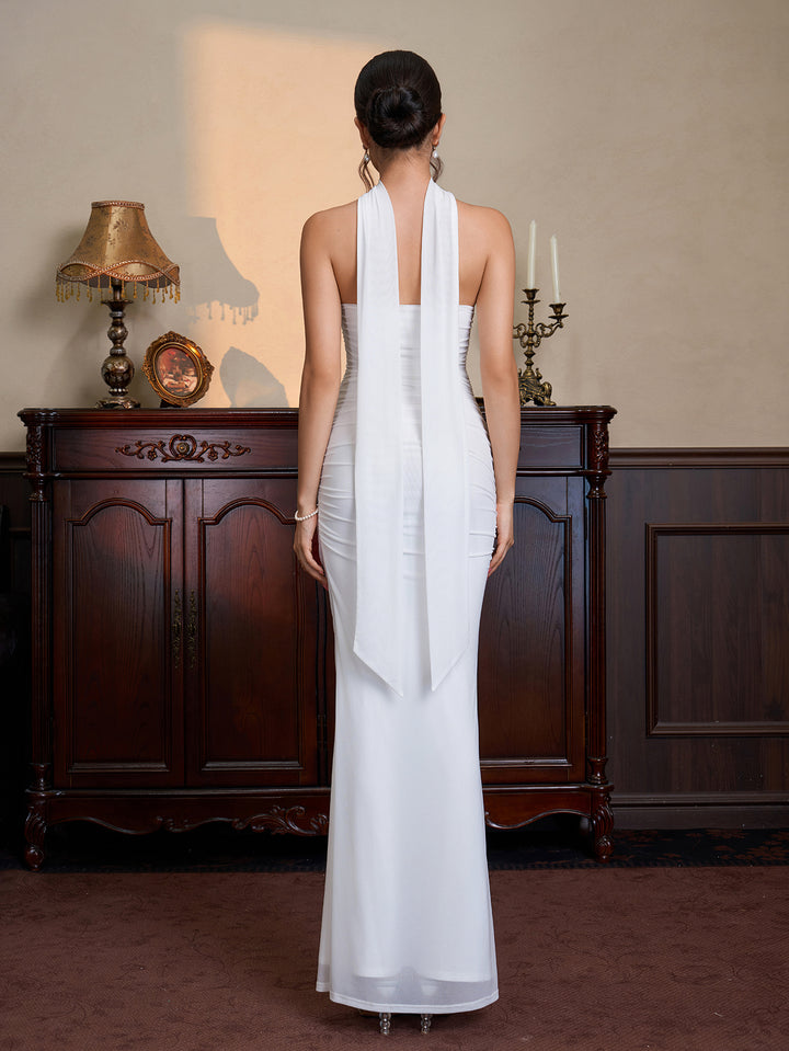 Hanging Ribbon Neck Backless Ruched Tube Dress