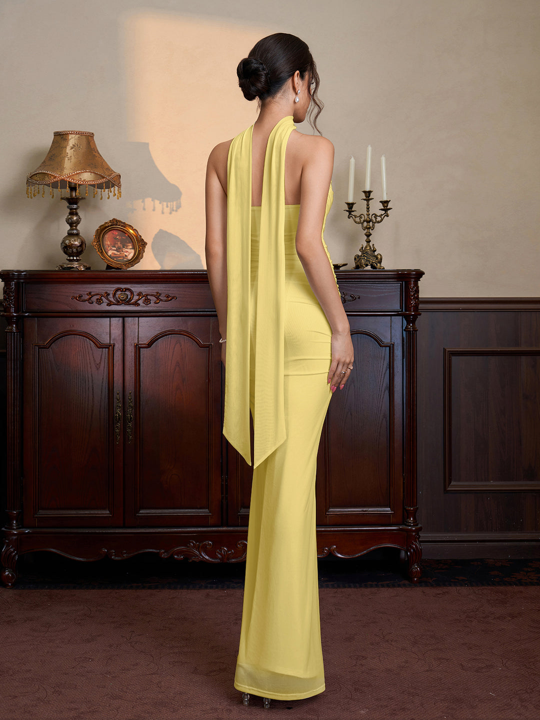 Hanging Neck Ribbon Backless Ruched Tube Dress