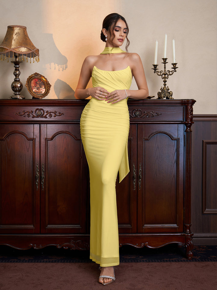 Hanging Neck Ribbon Backless Ruched Tube Dress
