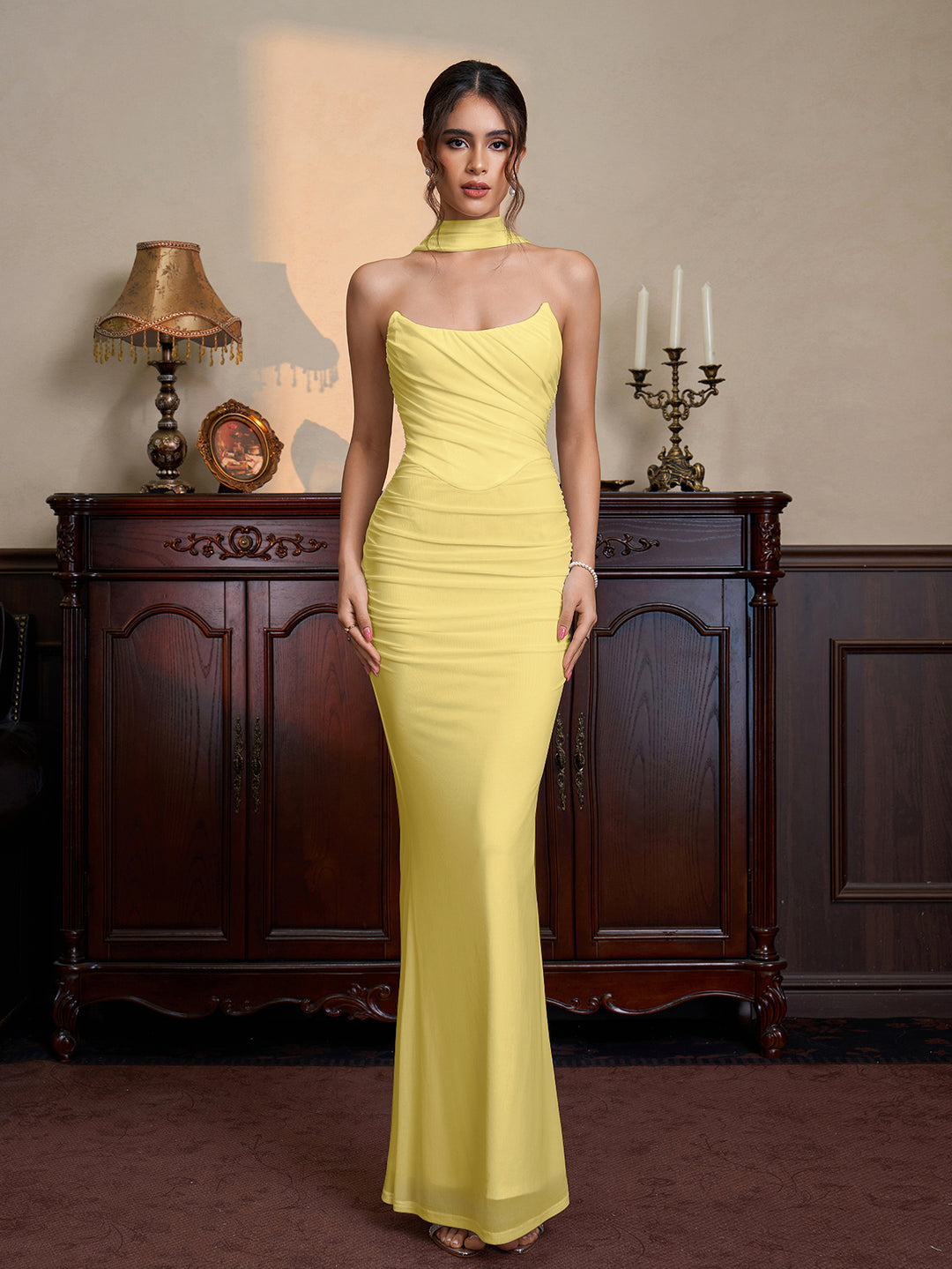 Hanging Neck Ribbon Backless Ruched Tube Dress