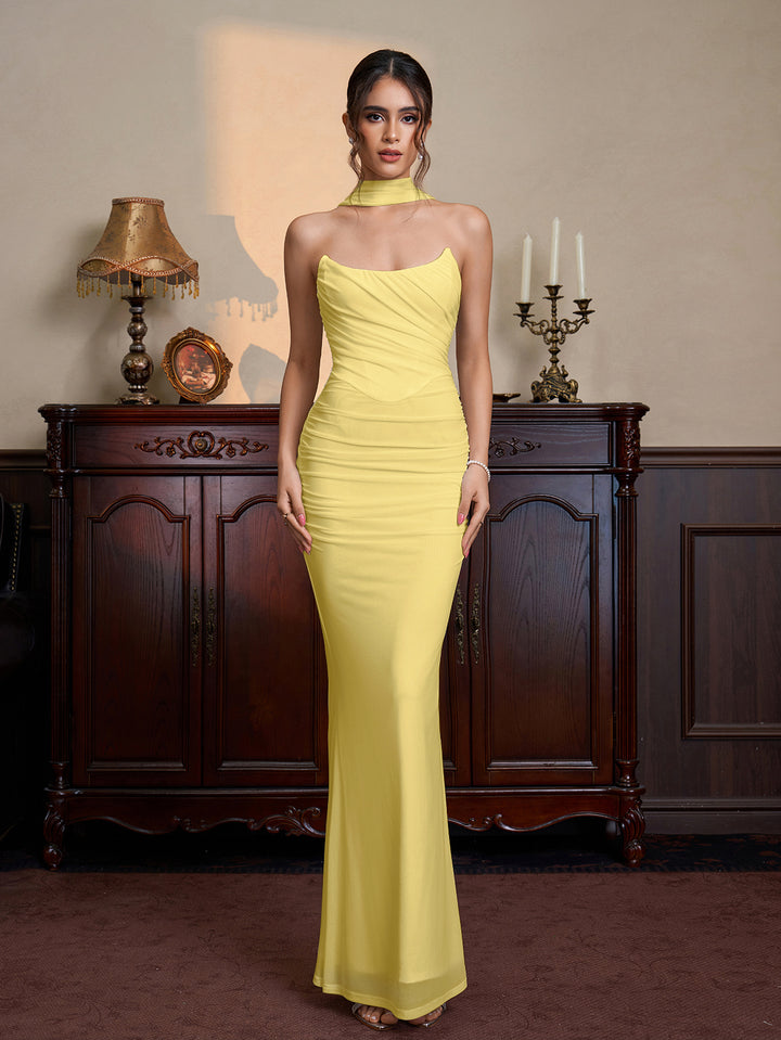 Hanging Neck Ribbon Backless Ruched Tube Dress