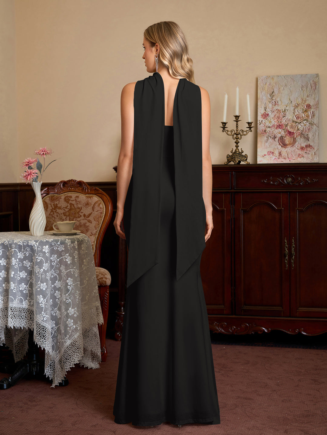 Hanging Ribbon Neck Backless Solid Tube Dress#color_black