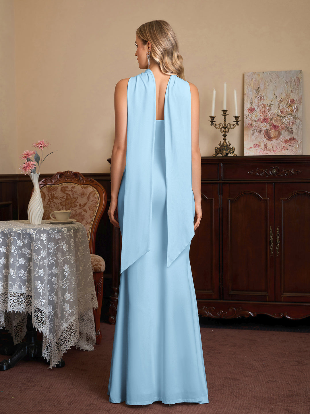 Hanging Ribbon Neck Backless Solid Tube Dress