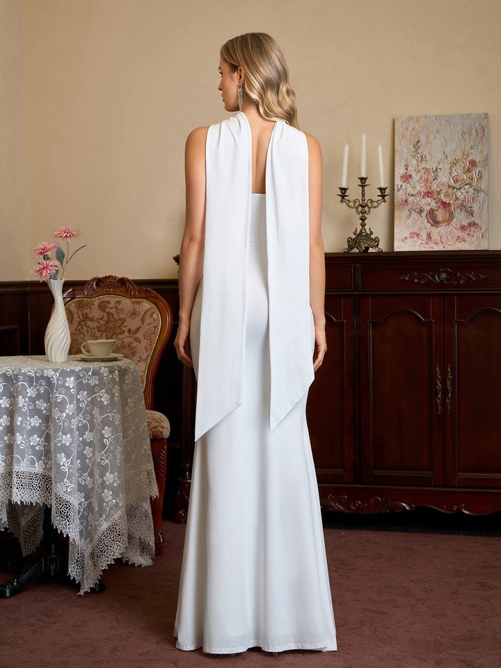 Hanging Neck Backless Ribbon Solid Tube Dress#color_white