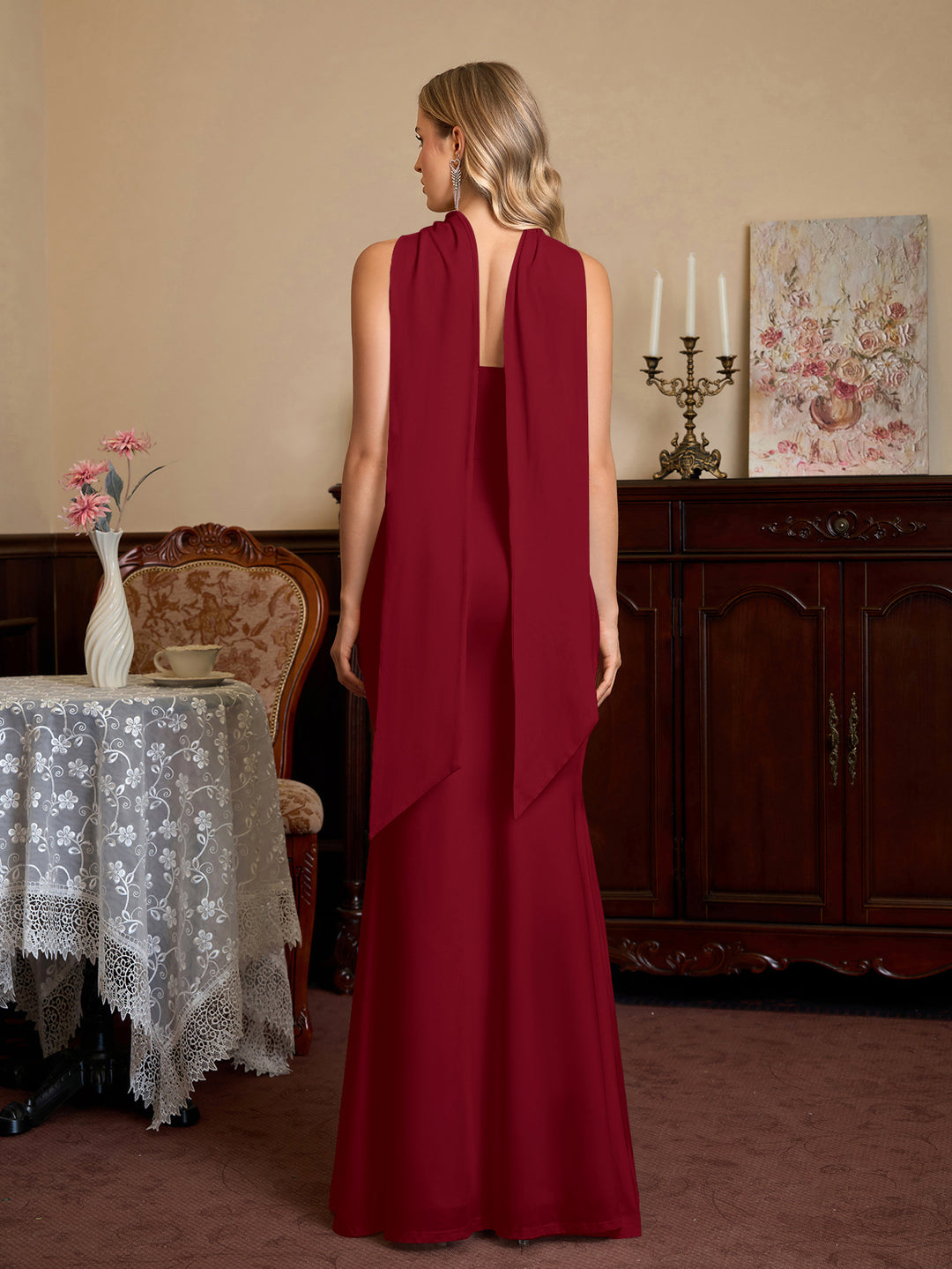 Hanging Ribbon Neck Backless Solid Tube Dress#color_red