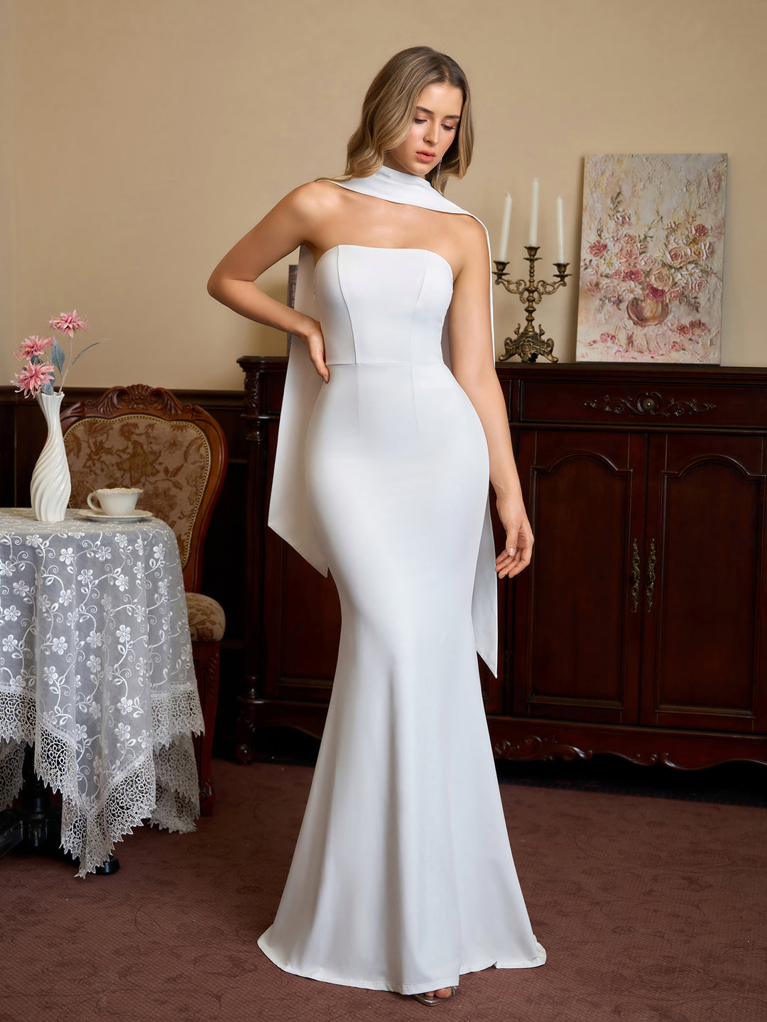 Backless Ribbon Hanging Neck Solid Tube Dress#color_white