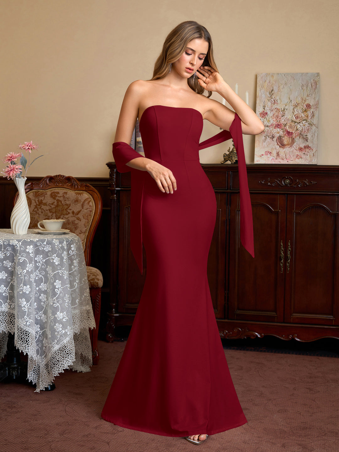 Ribbon Neck Hanging Backless Solid Tube Dress#color_red