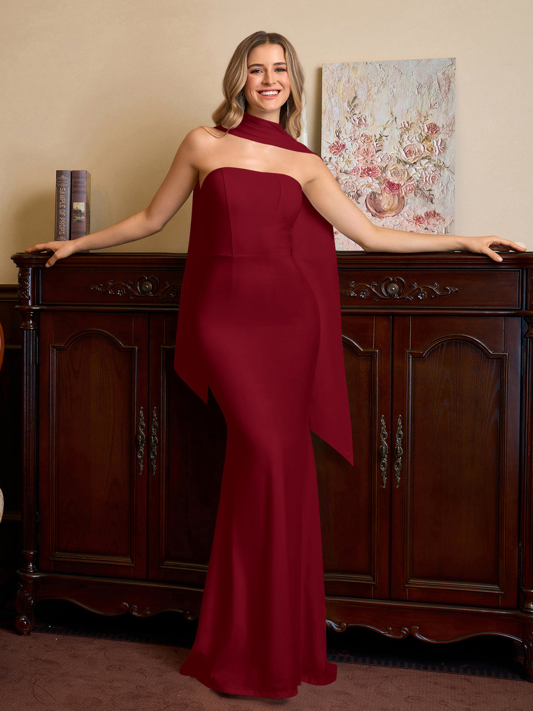 Ribbon Hanging Neck Backless Solid Tube Dress#color_red